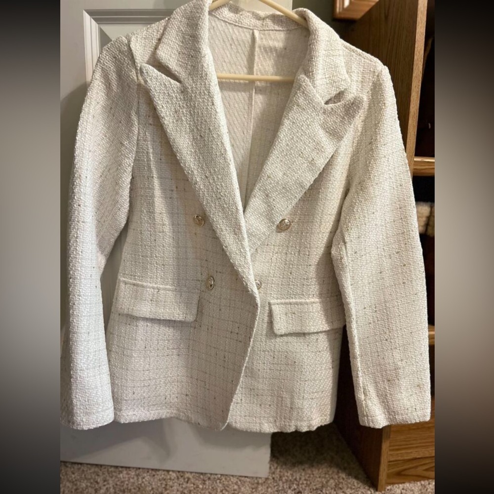 Classic Plaid Tweed Double Breasted White Blazer Jacket Long Sleeve - Picture 8 of 16